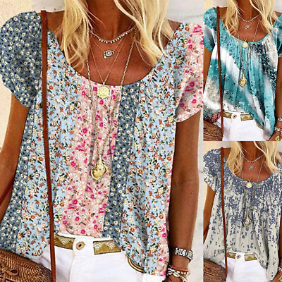 Womens Boho Short Sleeve Swing T Shirts Ladies Summer Floral Loose Tops Blouse $15.10