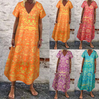 #ad Women Boho Floral V Neck Maxi Dress Baggy Kaftan Loose Beach Casual Sundress US $20.59