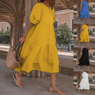#ad Women Summer Holiday Beach Casual Baggy Dresses Midi Party Loose A Line Sundress $19.89