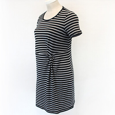 Talbots Plus Summer Black White Striped Waist Knot Crew Neck Dress Petite 0X $34.99