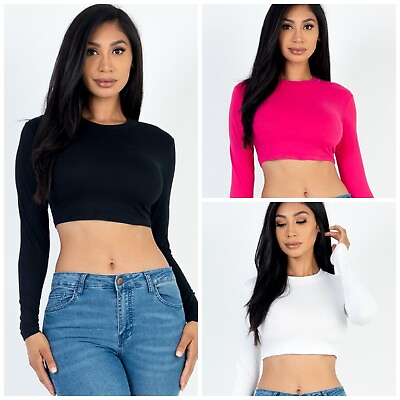 Crew neck long sleeve cropped top soft stretchy fabric trendy casual daily wear $11.97