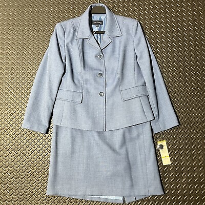 #ad Evan Picone Polyester Skirt Suit Size 14P Blue Lined Collar 2PC Faux Pocket $39.99