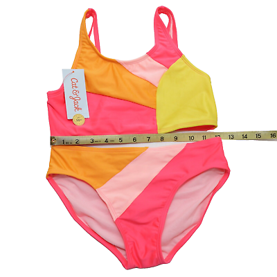 #ad Cat amp; Jack Girls L 10 12 Sherbet Pink Orange Yellow Colorblock Bikini Swimsuit $7.61