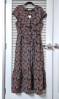 #ad navy rust print ruffle tie waist long maxi dress 1XL $22.50