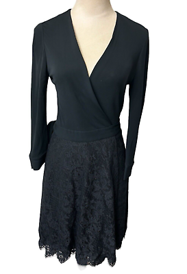 #ad Diane Von Furstenberg Women’s Lace Overlay Pocket Wrap Black Cocktail Dress Sz 6 $49.95