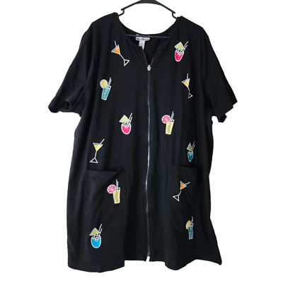#ad CZ Cover Ups Swim Zip Up Dress Plus Size 3X Black Pockets Drinks Embroidered $30.00