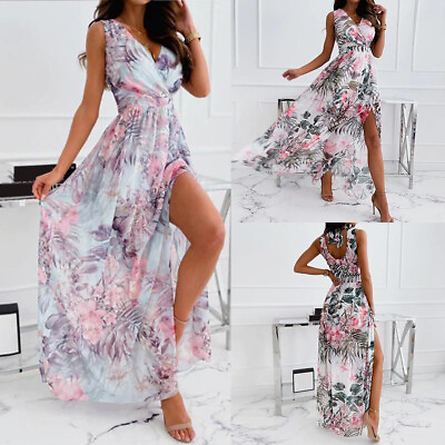 #ad Womens Boho Floral Long Maxi Dress Lady Summer Beach Evening Party Slit Sundress $14.29
