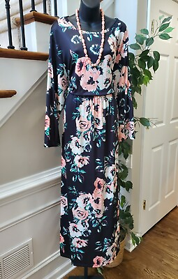 #ad #ad Women#x27;s Black Floral Polyester Long Sleeve Round Neck Long Maxi Dress Size 2XL $31.00