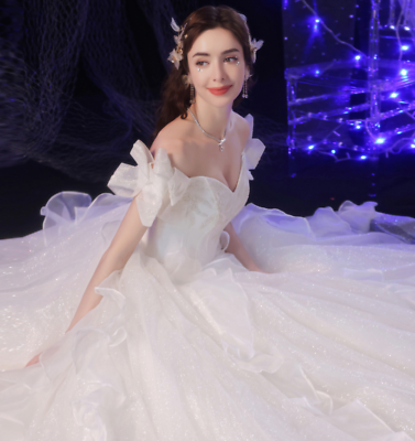 Gorgeous Off Shoulder Sequins Flounce Bowknot White Dresses Bride Gown Wedding $143.19