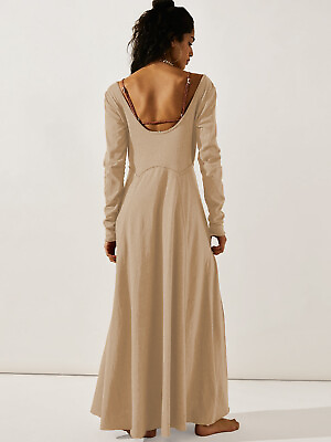 #ad Women Buttons Long Sleeve Solid Bohemian Swing Soft Long Maxi Dress $34.33