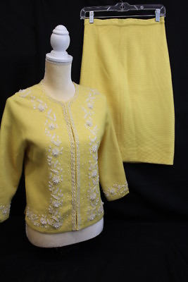 #ad Vintage MINGEA CHICAGO Canary Yellow Skirt Suit White Beaded Decor S 138 $79.99