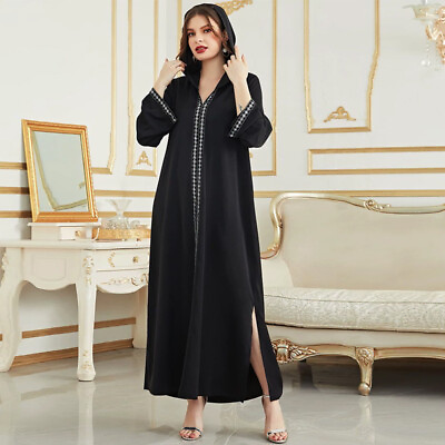 #ad Dubai Muslim Women Kaftan Long Sleeve Maxi Dress Abaya Moroccan Hooded Robe Gown $29.00