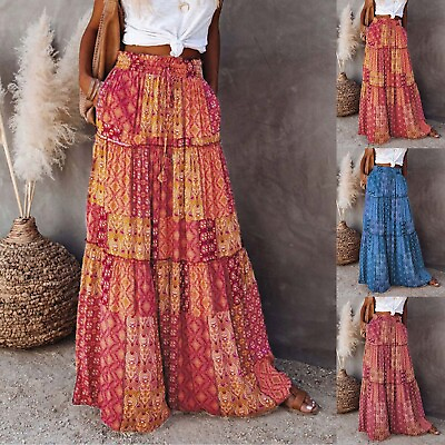 #ad #ad Womens Long Dress Flowers High Elastic Waist With Pockets And Belt Maxi Skirt $23.94