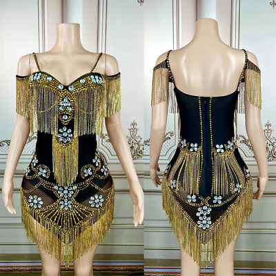 #ad Off Shoulder Rhinestone Fringed Dress Party Evening Dresses Festival Clothing $299.48