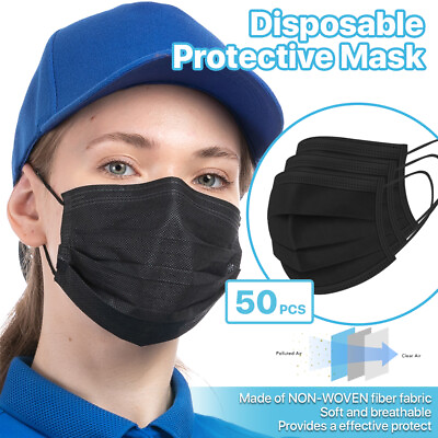 Black 50 Pcs Disposable Face Masks 3 Ply Non Medical Surgical Earloop Cover $7.99