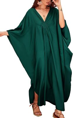 Bsubseach Women Solid Color Cover Up V Neck Batwing Sleeve Plus Size Beach Kafta $67.73