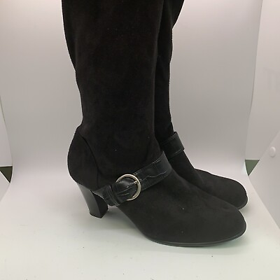 #ad Predictions Womens Black Suede Mid Calf Buckle Zipper Block Heels Boots Size 6W $18.39