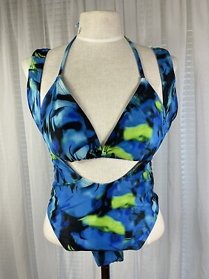 #ad Women’s Swimsuit Size XL Blue Tropical V Neck 2 Piece Halter Thong Bikini Set $22.77
