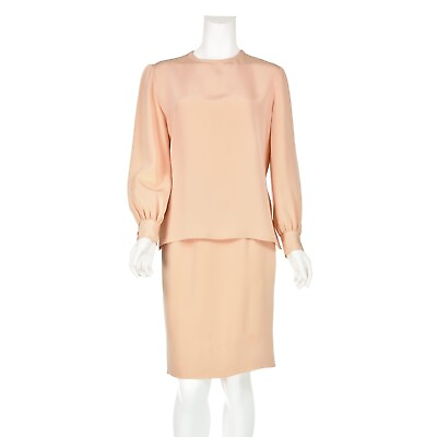 #ad BILL BLASS Vntg Peach Silk Faille Two Piece Blouse amp; Pencil Skirt Dress SIZE 4 6 $199.00