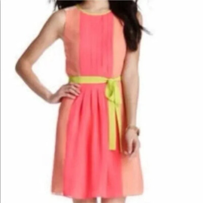 Ann Taylor Loft Neon Pink Pleated Fit amp; Flare Dress Women#x27;s Size 4 Party Skater $28.00