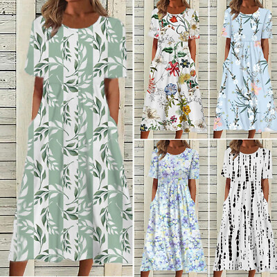 #ad Women Floral Short Sleeve Long Maxi Dress Holiday Summer Beach Pockets Sundress $13.96
