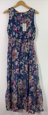 #ad LARA G. By LARA GUIDOTTI Blue Floral Silk Blend Sleeveless Maxi Dress Large $49.99