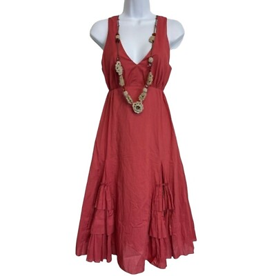 #ad #ad BCBGMaxazria Midi Dress Pink Cotton Sleeveless Rope Necklace Ruffle Sundress XS $15.99