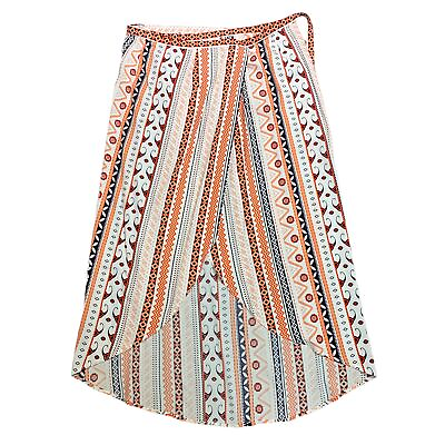 #ad Coastal Boho Wrap Skirt Swim Coverup Geo Print Maxi Hi Low Orange Beach One Size $19.99