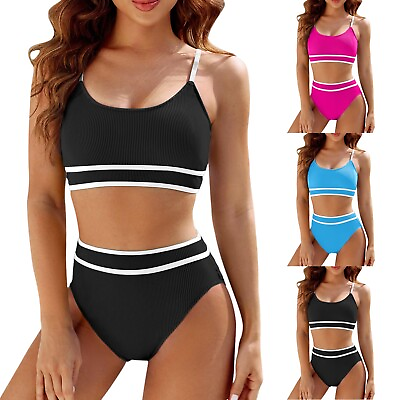 #ad Women#x27;s High Waisted Bikini Sets Sporty Two Piece Swimsuit Color Block High Cut $13.73