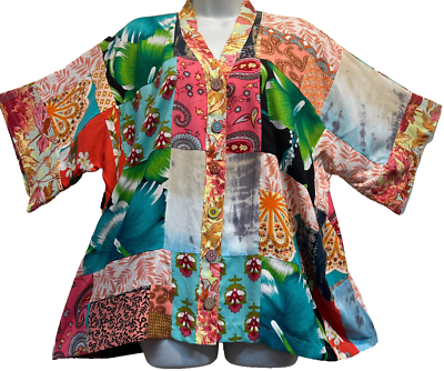 #ad Nwt FUNKY STUFF hippie patch boho rayon kimono oneofakind TOP TUNIC 2X Free ship $64.95