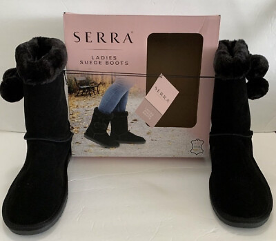 #ad Serra women’s Black Suede Leather Upper boots Size 10 New With Box Pom Poms $69.00