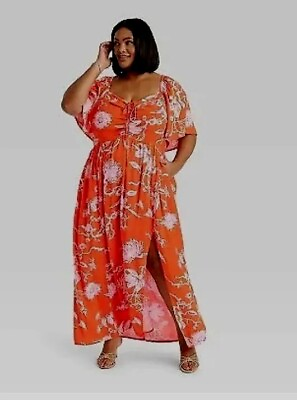 #ad Ava amp; Viv Dress 3X New Orange Flowy Flutter Sleeve Maxi Sundress W Pockets NWT $46.00