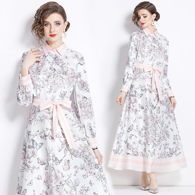 #ad Vintage Flowers Butterflies Print Collar Bow Tie Scarf Women Casual Maxi Dresses $27.19