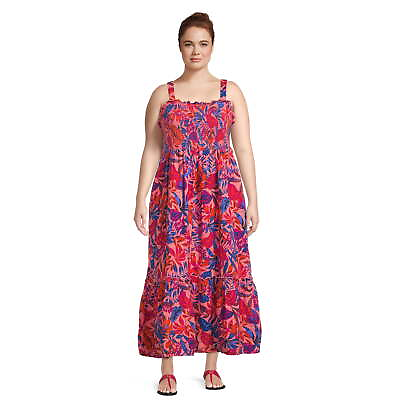 #ad Terra amp; Sky Women#x27;s Plus Tropical Summer Coral Rose Smock Midi Dress MANY SIZES $22.05