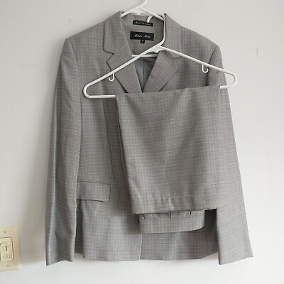 #ad Milano Moda Women 3 Button Jacket Skirt Suit Set 10 Gray Plaid Wool Blend Career $30.49