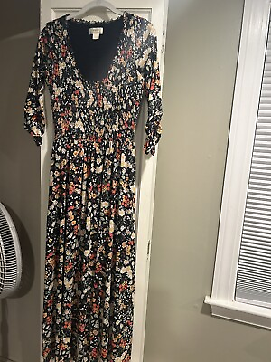 #ad Anthropologie Maeve Black Floral Maxi Dress Ruched 3 4 Sleeve XS 0 2 Boho $50.00
