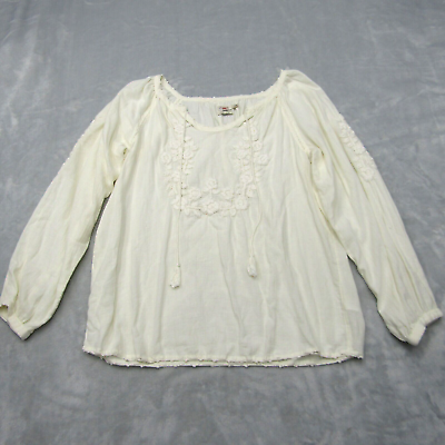 #ad Faherty Cream Embroidered Organic Cotton Blouse Top Boho Medium Soft $29.99