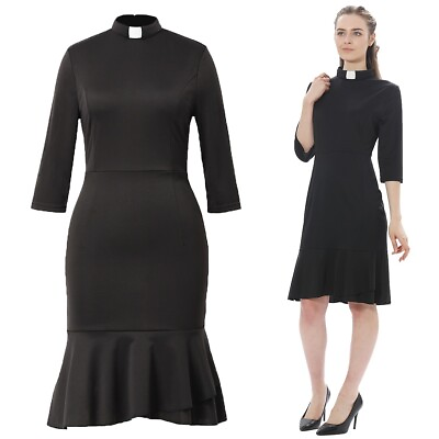 Christian Clergywomen#x27;s Fishtail Dress With Tab Collar Women Church Pencil Dress $34.99