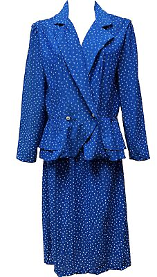 #ad Vtg 80s Women#x27;s 12 Blue Geometric Dotted Polyester Peplum Jacket Skirt Suit Set $12.22