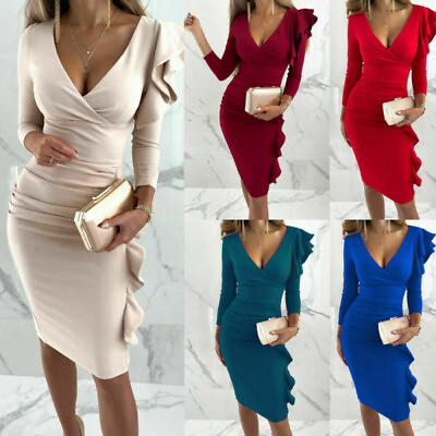 #ad Womens V Neck Long Sleeve Ruffle Bodycon Dress Evening Party Cocktail Midi Dress $32.11