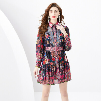 #ad New Women#x27;s Spring Retro Polo Neck Lantern Sleeves Printed Floral Party Dresses $68.79