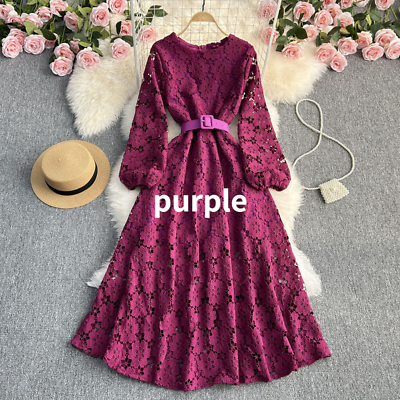 #ad Lady Elegant Floral Lace Dress Midi Hollow Out Belted Tunic A line Prom Cocktail $40.59
