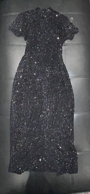 #ad Vintage Sparkle Black Diamond Shoulder Pad Maxi Dress Slit Back Reflective $30.00