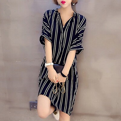 Loose Striped Dress Women V Neck Fashion Short Sleeve Print Casual Dresses US $12.11