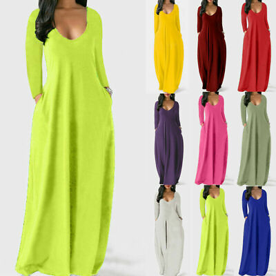 Womens Plain Kaftan Long Dress Ladies Holiday Beach V Neck Maxi Dress Plus Size# $27.43