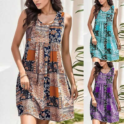 #ad Summer Dresses For Women Beach Floral Tshirt Sundress Sleeveless Pockets Casual $24.84