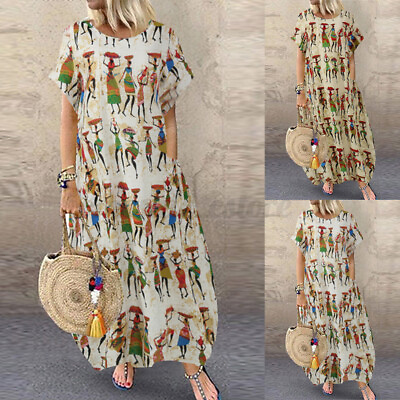 Women Linen Cotton Summer Long Shirt Dress Round Neck Loose Maxi Sundress S 5XL $16.41