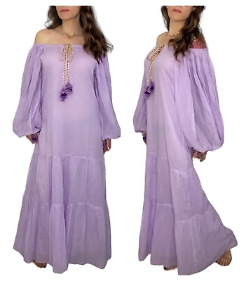 Pitusa Lavender Off Shoulder Balloon Sleeve Tasseled Peasant Maxi Dress Petite $85.00