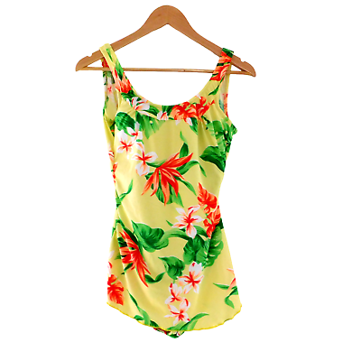 #ad Vintage Ceeb Swimsuit One Piece Skirt Tropical Floral Sz 14 Built in Bra Yellow $17.88