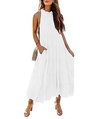 #ad Womens 2024 Summer Sleeveless Halter Maxi Dress Pleated Tiered Large White $67.53